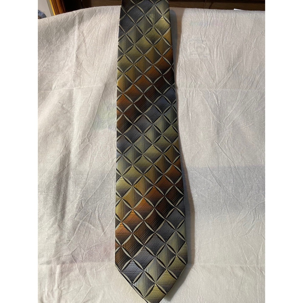 Bergamo New York Mens Extra Long Tie Geometric‎ Diamond Gold Bronze Green XL Tie